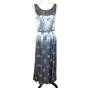 Vintage 1990s Donna Ricco Gray Satin Floral Maxi Gown Open Back Wedding Guest M
